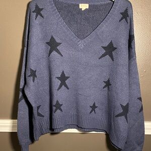 POL Large Boxy Drop Shoulder Black on Navy Star Pattern V-Neck Sweater